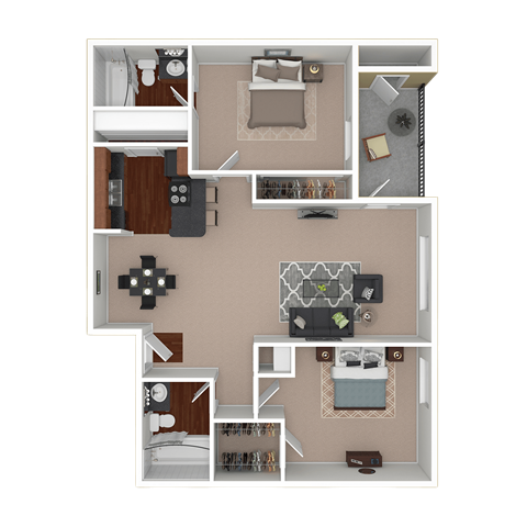 Floor plan for 2 beds, 2 baths, 1000 sqft